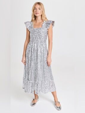 Hill House Ellie Nap Silver Sequin Midi Dress with Ruffle Sleeves